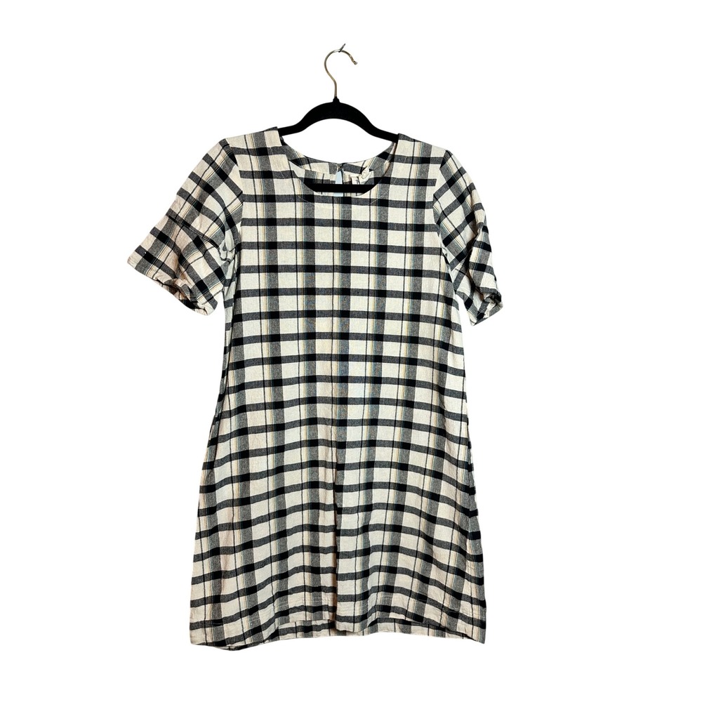 Mata Traders Womens Black Cream Plaid Cotton Short Sleeve Shift Dress Size S
